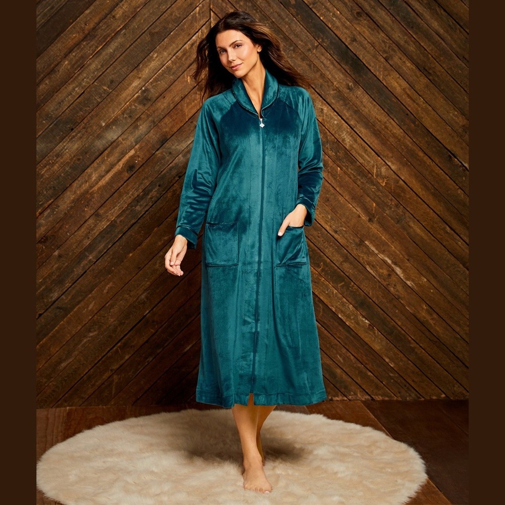 Eileen West Lux Velour Long Zip Robe Womens L/XL Housecoat Loungewear Cozy‎ Soft